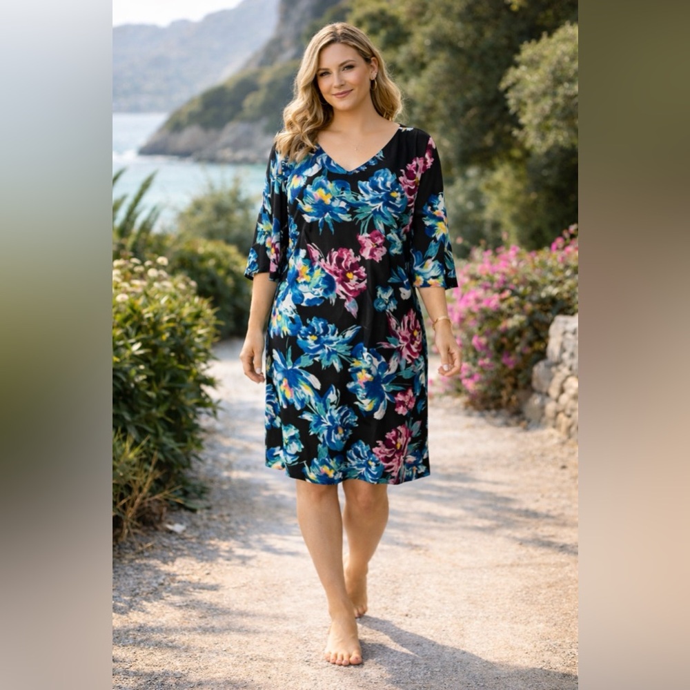 Connected Blue Pink Floral Short Sleeve Stretch Dress Washable 16 NEW